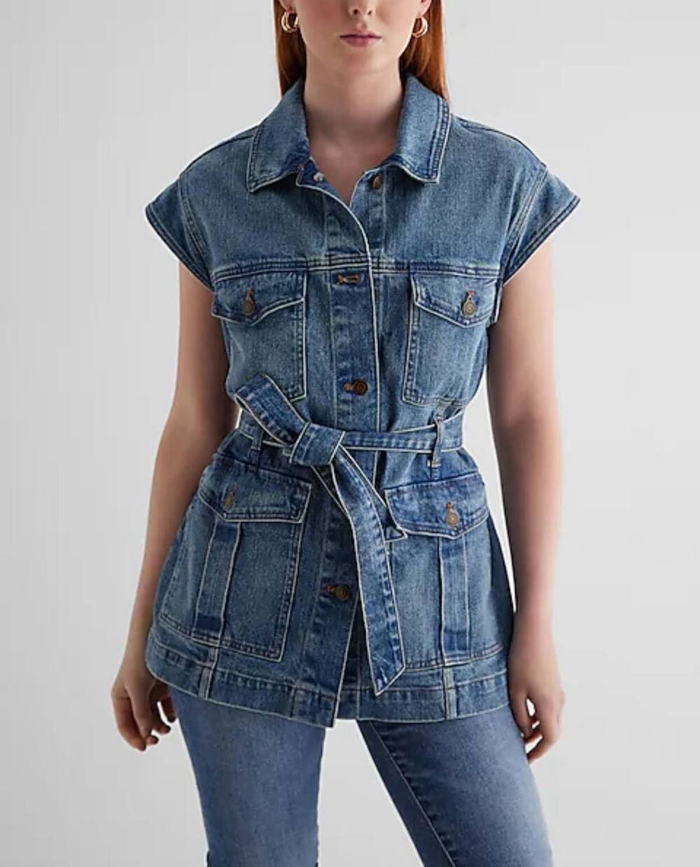 NEW Express Women's Denim Vest Size Small Utility Style Belted Blue Jean Jacket
